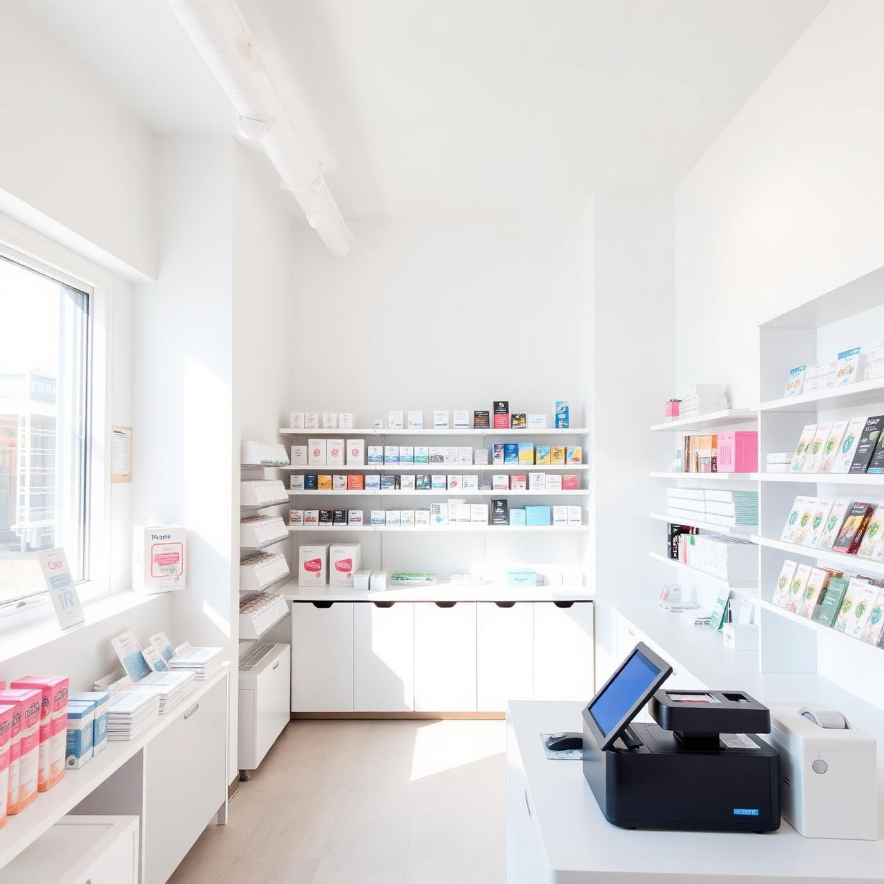 A bright, modern retail shop counter with a tablet and receipt printer